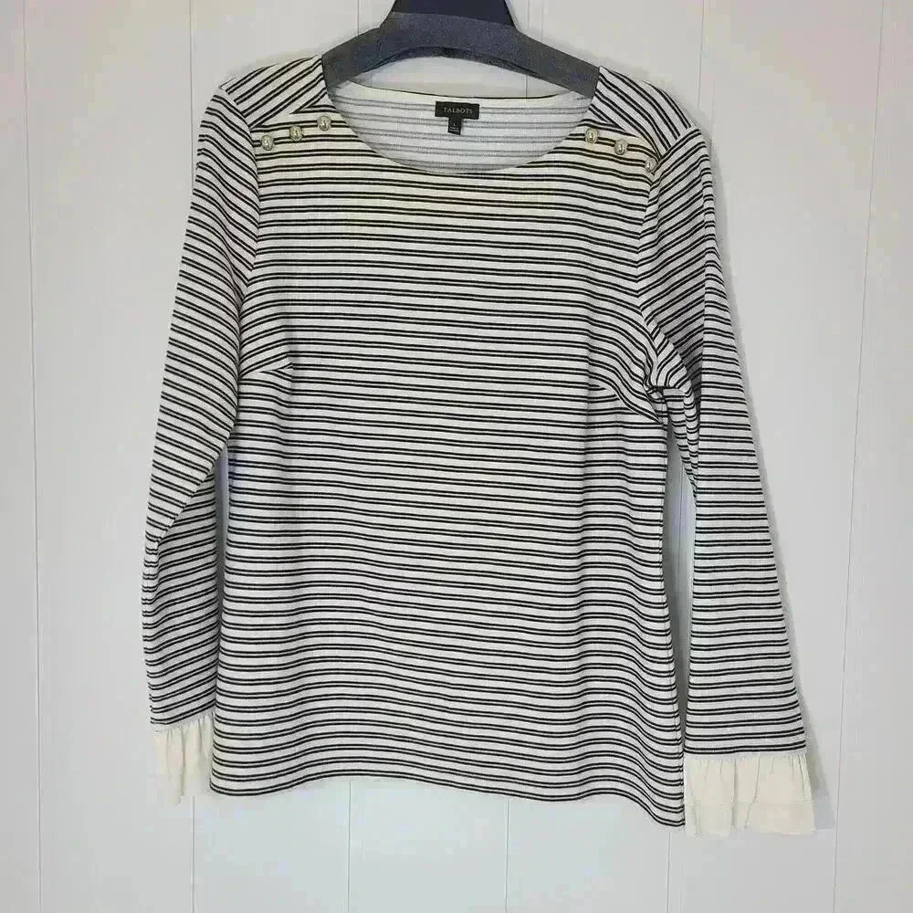 Talbots Stripe Gold Metallic Ruffle Cuff Blouse Size Large